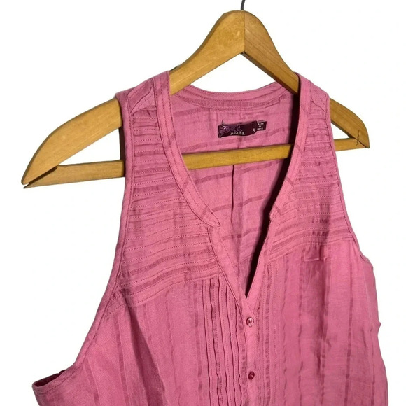 PRANA Faux Button Down V Neck Popover Sleeveless Pleated Mauve Pink Blouse - Picture 3 of 8
